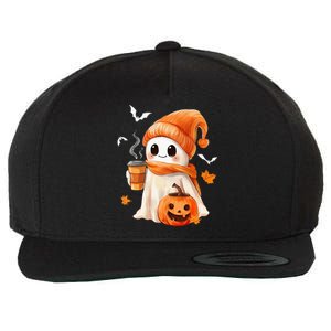 Cute Ghost Drinking Coffee Halloween Ghost Ice Coffee Wool Snapback Cap