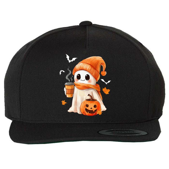 Cute Ghost Drinking Coffee Halloween Ghost Ice Coffee Wool Snapback Cap