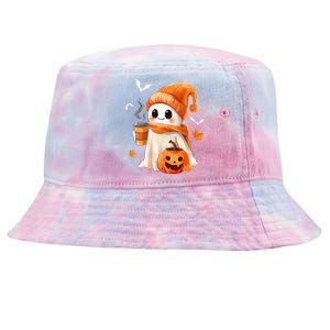 Cute Ghost Drinking Coffee Halloween Ghost Ice Coffee Tie-Dyed Bucket Hat