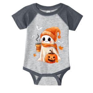 Cute Ghost Drinking Coffee Halloween Ghost Ice Coffee Infant Baby Jersey Bodysuit