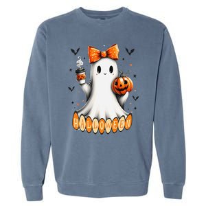 Cute Ghost Drinking Coffee Halloween Fall Ghost Coffee Garment-Dyed Sweatshirt