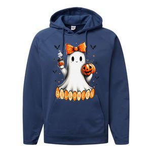 Cute Ghost Drinking Coffee Halloween Fall Ghost Coffee Performance Fleece Hoodie