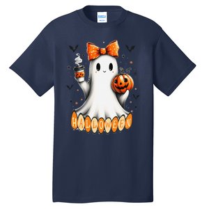 Cute Ghost Drinking Coffee Halloween Fall Ghost Coffee Tall T-Shirt