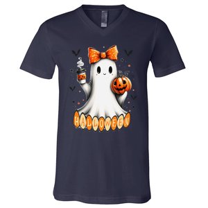 Cute Ghost Drinking Coffee Halloween Fall Ghost Coffee V-Neck T-Shirt