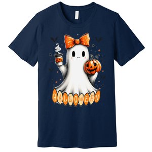 Cute Ghost Drinking Coffee Halloween Fall Ghost Coffee Premium T-Shirt