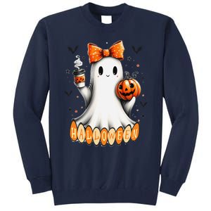 Cute Ghost Drinking Coffee Halloween Fall Ghost Coffee Tall Sweatshirt