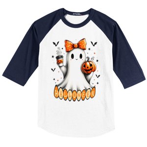 Cute Ghost Drinking Coffee Halloween Fall Ghost Coffee Baseball Sleeve Shirt