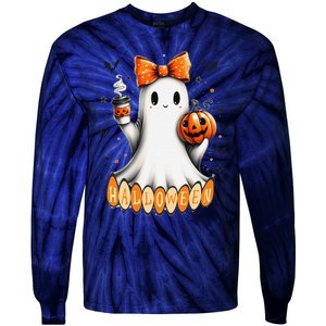 Cute Ghost Drinking Coffee Halloween Fall Ghost Coffee Tie-Dye Long Sleeve Shirt