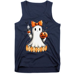 Cute Ghost Drinking Coffee Halloween Fall Ghost Coffee Tank Top