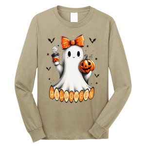 Cute Ghost Drinking Coffee Halloween Fall Ghost Coffee Long Sleeve Shirt