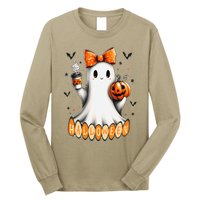 Cute Ghost Drinking Coffee Halloween Fall Ghost Coffee Long Sleeve Shirt