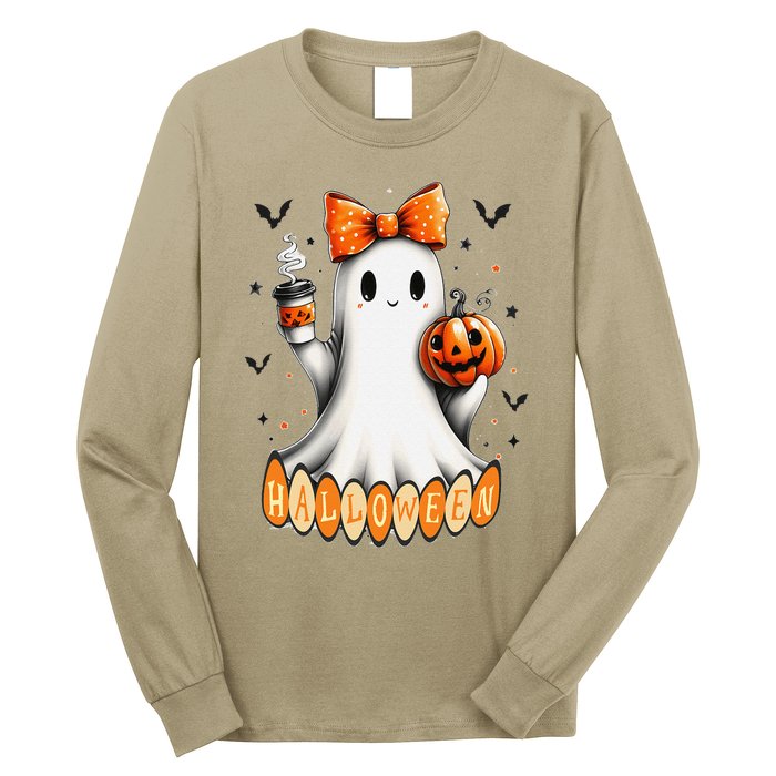 Cute Ghost Drinking Coffee Halloween Fall Ghost Coffee Long Sleeve Shirt