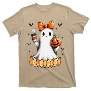 Cute Ghost Drinking Coffee Halloween Fall Ghost Coffee T-Shirt