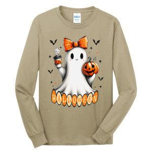 Cute Ghost Drinking Coffee Halloween Fall Ghost Coffee Tall Long Sleeve T-Shirt