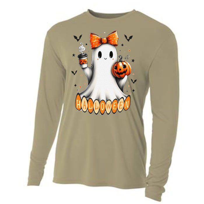 Cute Ghost Drinking Coffee Halloween Fall Ghost Coffee Cooling Performance Long Sleeve Crew