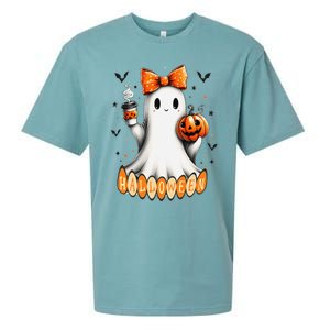 Cute Ghost Drinking Coffee Halloween Fall Ghost Coffee Sueded Cloud Jersey T-Shirt