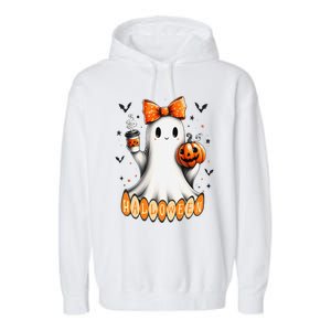 Cute Ghost Drinking Coffee Halloween Fall Ghost Coffee Garment-Dyed Fleece Hoodie