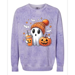 Cute Ghost Drinking Coffee Halloween Ghost Ice Coffee Colorblast Crewneck Sweatshirt