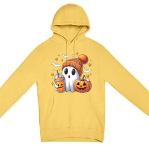 Cute Ghost Drinking Coffee Halloween Ghost Ice Coffee Premium Pullover Hoodie