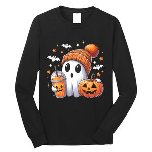 Cute Ghost Drinking Coffee Halloween Ghost Ice Coffee Long Sleeve Shirt