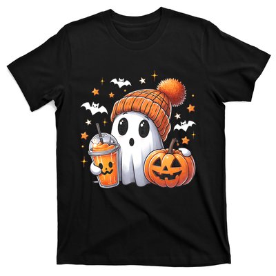 Cute Ghost Drinking Coffee Halloween Ghost Ice Coffee T-Shirt