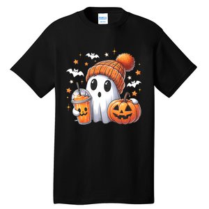 Cute Ghost Drinking Coffee Halloween Ghost Ice Coffee Tall T-Shirt