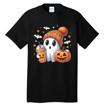 Cute Ghost Drinking Coffee Halloween Ghost Ice Coffee Tall T-Shirt