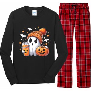 Cute Ghost Drinking Coffee Halloween Ghost Ice Coffee Long Sleeve Pajama Set