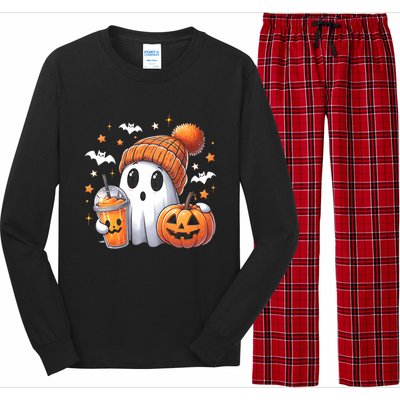 Cute Ghost Drinking Coffee Halloween Ghost Ice Coffee Long Sleeve Pajama Set