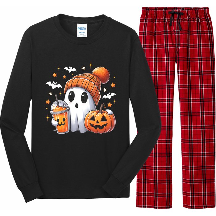 Cute Ghost Drinking Coffee Halloween Ghost Ice Coffee Long Sleeve Pajama Set