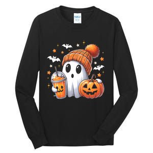 Cute Ghost Drinking Coffee Halloween Ghost Ice Coffee Tall Long Sleeve T-Shirt