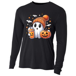 Cute Ghost Drinking Coffee Halloween Ghost Ice Coffee Cooling Performance Long Sleeve Crew