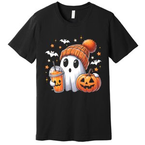 Cute Ghost Drinking Coffee Halloween Ghost Ice Coffee Premium T-Shirt