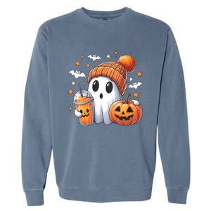 Cute Ghost Drinking Coffee Halloween Ghost Ice Coffee Garment-Dyed Sweatshirt