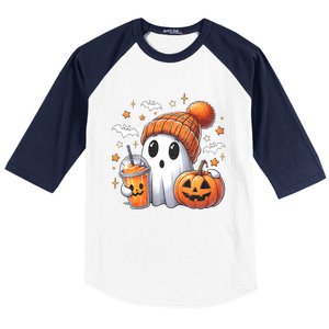 Cute Ghost Drinking Coffee Halloween Ghost Ice Coffee Baseball Sleeve Shirt