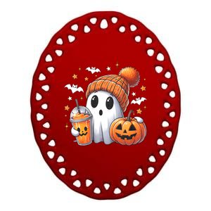 Cute Ghost Drinking Coffee Halloween Ghost Ice Coffee Ceramic Oval Ornament