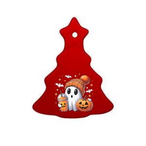 Cute Ghost Drinking Coffee Halloween Ghost Ice Coffee Ceramic Tree Ornament