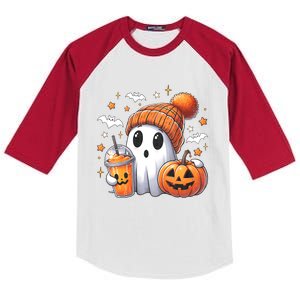 Cute Ghost Drinking Coffee Halloween Ghost Ice Coffee Kids Colorblock Raglan Jersey