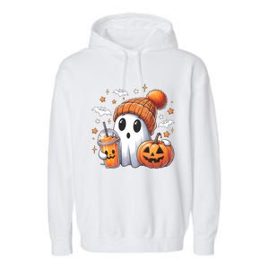 Cute Ghost Drinking Coffee Halloween Ghost Ice Coffee Garment-Dyed Fleece Hoodie