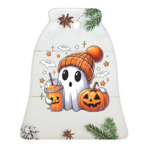 Cute Ghost Drinking Coffee Halloween Ghost Ice Coffee Ceramic Bell Ornament