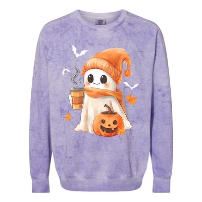 Cute Ghost Drinking Coffee Halloween Ghost Ice Coffee Colorblast Crewneck Sweatshirt