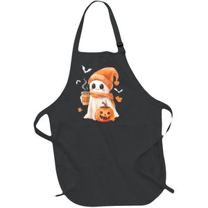 Cute Ghost Drinking Coffee Halloween Ghost Ice Coffee Full-Length Apron With Pockets