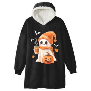 Cute Ghost Drinking Coffee Halloween Ghost Ice Coffee Hooded Wearable Blanket