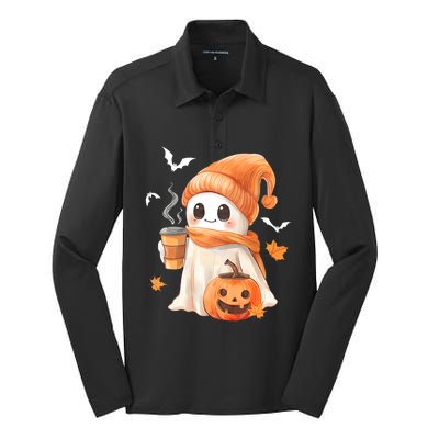 Cute Ghost Drinking Coffee Halloween Ghost Ice Coffee Silk Touch Performance Long Sleeve Polo