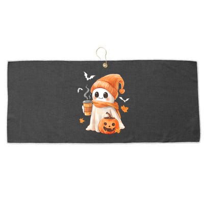 Cute Ghost Drinking Coffee Halloween Ghost Ice Coffee Large Microfiber Waffle Golf Towel