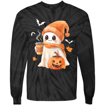 Cute Ghost Drinking Coffee Halloween Ghost Ice Coffee Tie-Dye Long Sleeve Shirt