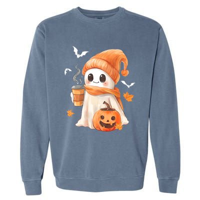 Cute Ghost Drinking Coffee Halloween Ghost Ice Coffee Garment-Dyed Sweatshirt