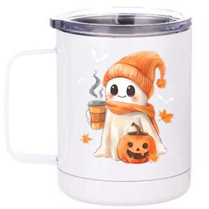 Cute Ghost Drinking Coffee Halloween Ghost Ice Coffee 12 oz Stainless Steel Tumbler Cup