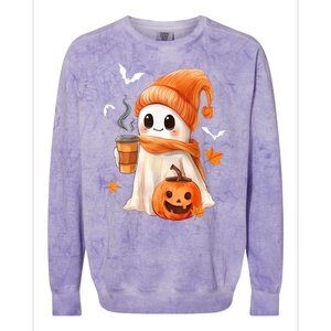 Cute Ghost Drinking Coffee Halloween Ghost Ice Coffee Gift Colorblast Crewneck Sweatshirt