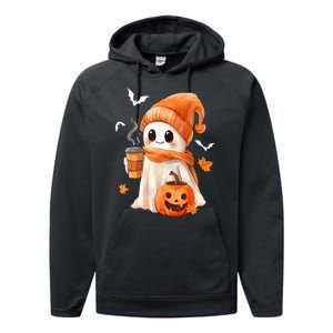 Cute Ghost Drinking Coffee Halloween Ghost Ice Coffee Gift Performance Fleece Hoodie